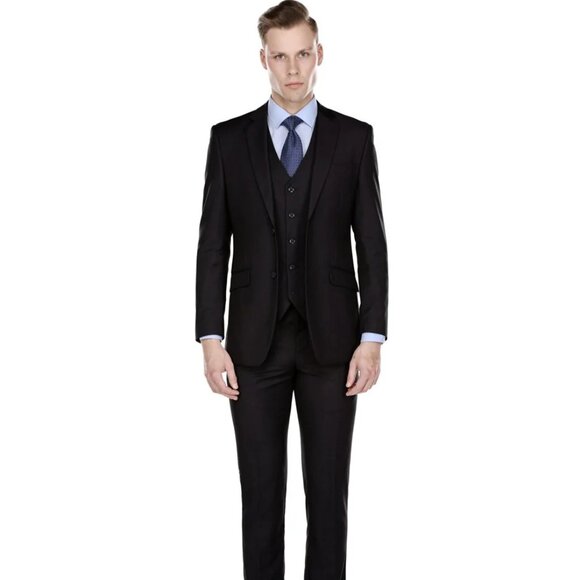 Mens Slim Fit Vested Suit Black - Picture 1 of 2